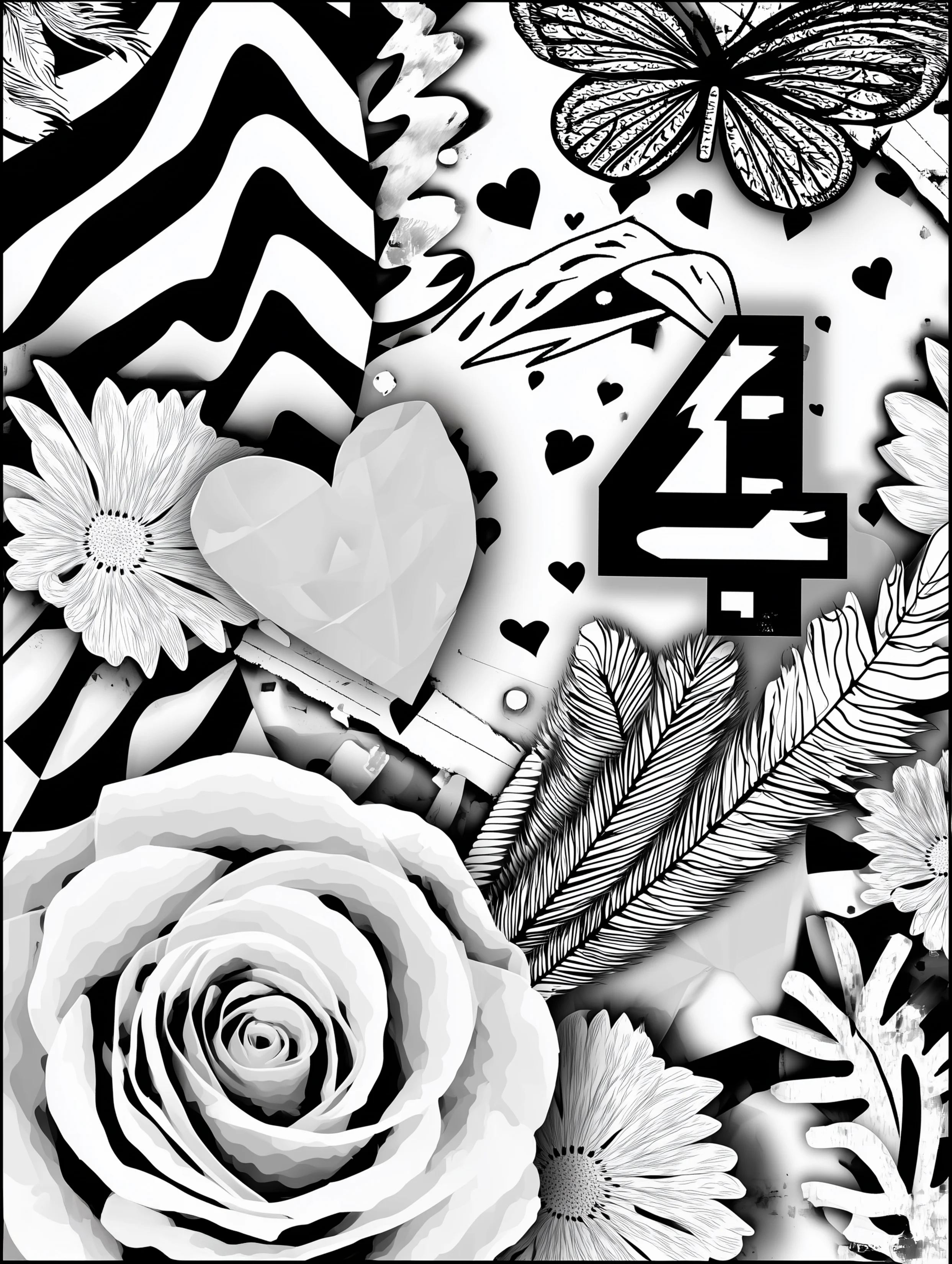 Free printable coloring page for numbers featuring a small number four with ferns